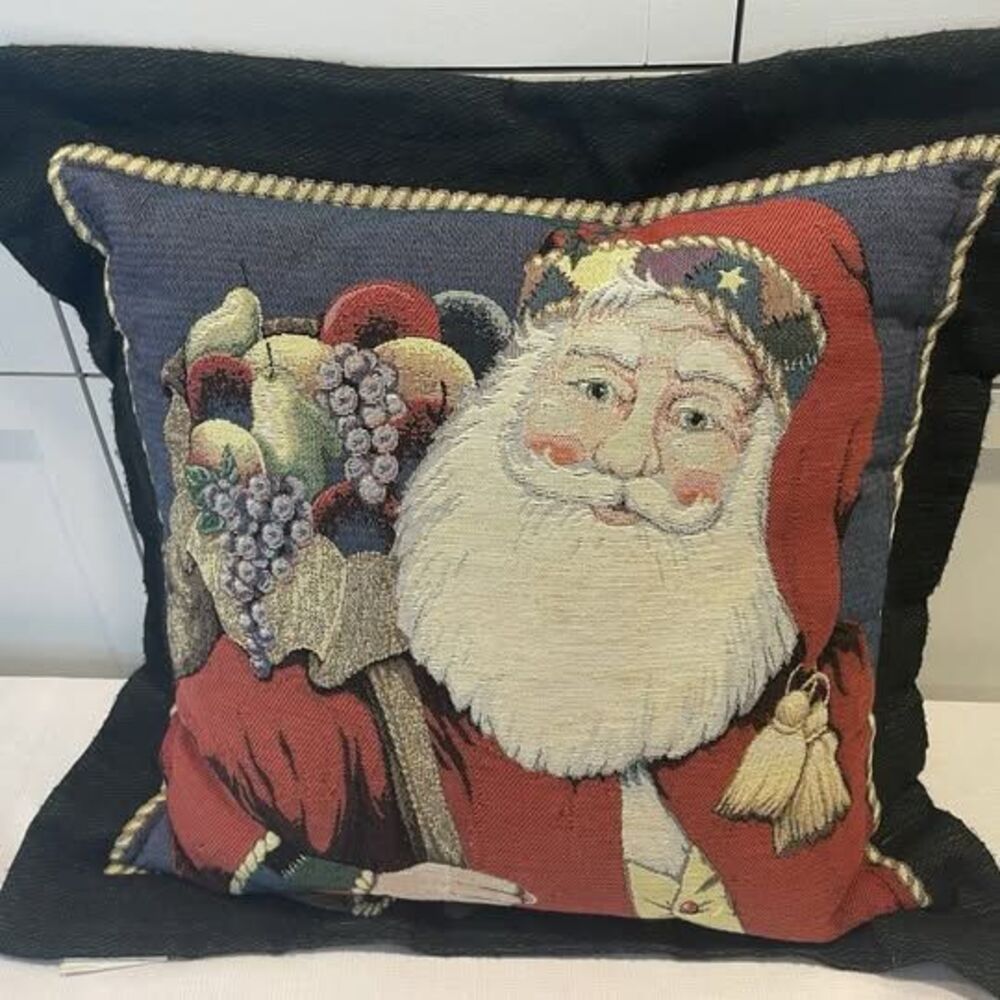 Vintage Large Old World Santa Tapestry Pillow 24" Father Christmas Fruit